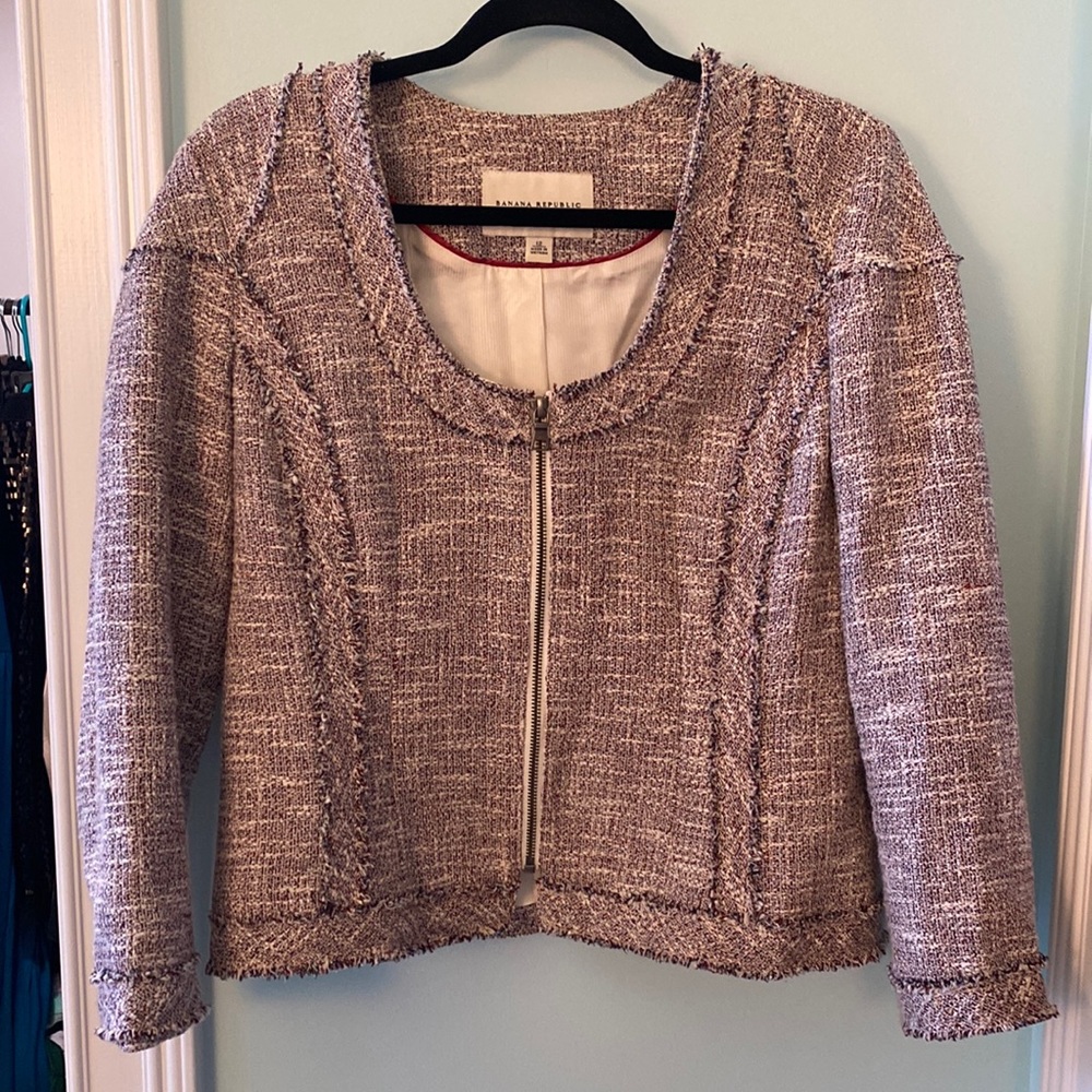Banana Republic deep red and navy tweed zipper front blazer